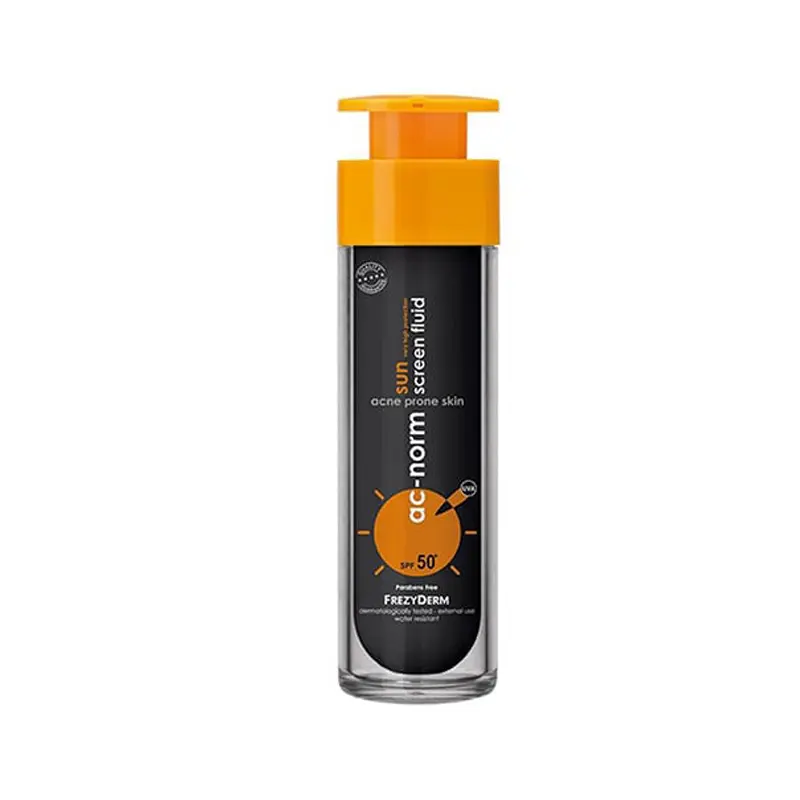 Frezyderm Ac-Norm Sun Screen Fluid spf50, Ενεργή αντηλιακή υγρή κρέμα προσώπου για το λιπαρό, με τάση ακμής δέρμα, 50ml