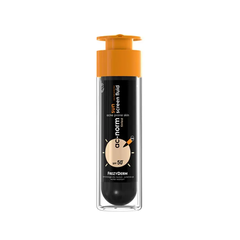 Frezyderm Ac-Norm Sun Screen spf50 Tinted, Έγχρωμη αντηλιακή υγρή κρέμα προσώπου για το λιπαρό, με τάση ακμής δέρμα,  50ml