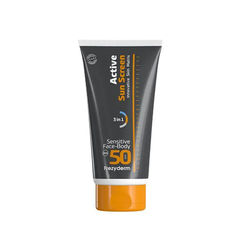 Frezyderm Active Sun Screen Sensitive Face & Body spf 50, Ενεργή υψηλή αντηλιακή προστασία για πρόσωπο και σώμα, κατάλληλη για το ευαίσθητο δέρμα,150ml