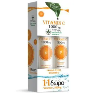 Power Health Vitamin C 1000mg με Στέβια για ενίσχυση της άμυνας και αντιοξειδωτική προστασία και ΔΩΡΟ Vitamin C 500mg, 24 αναβράζοντα δισκία