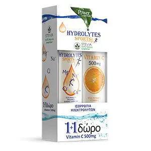Power Health Hydrolytes με Στέβια, Ηλεκτρολύτες για Ενυδάτωση του οργανισμού και ΔΩΡΟ Vitamin C 500mg, 20 αναβράζοντα δισκία
