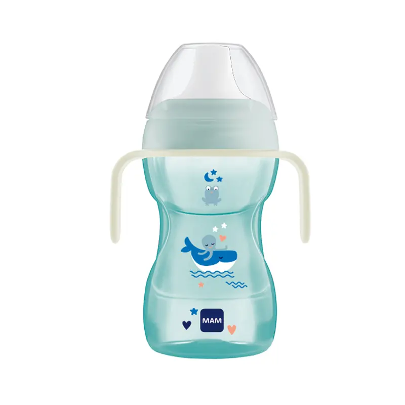 MAM Fun to drink Cup Night, Εκπαιδευτικό Ποτηράκι για 8+ μηνών με χερουλάκια που λάμπουν, Blue, 270ml