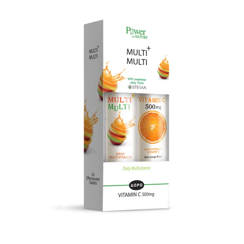 Power Health Multi+Multi με Στέβια, Πολυβιταμίνες με μέταλλα και ιχνοστοιχεία και ΔΩΡΟ Vitamin C 500mg, 20 αναβράζοντα δισκία
