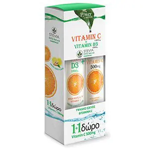 Power Health Vitamin C 1000mg + Vitamin D3 1000iu με Στέβια, Εξειδικευμένος Συνδυασμός για ενίσχυση της άμυνας και ΔΩΡΟ Vitamin C 500mg, 24 αναβράζοντα δισκία