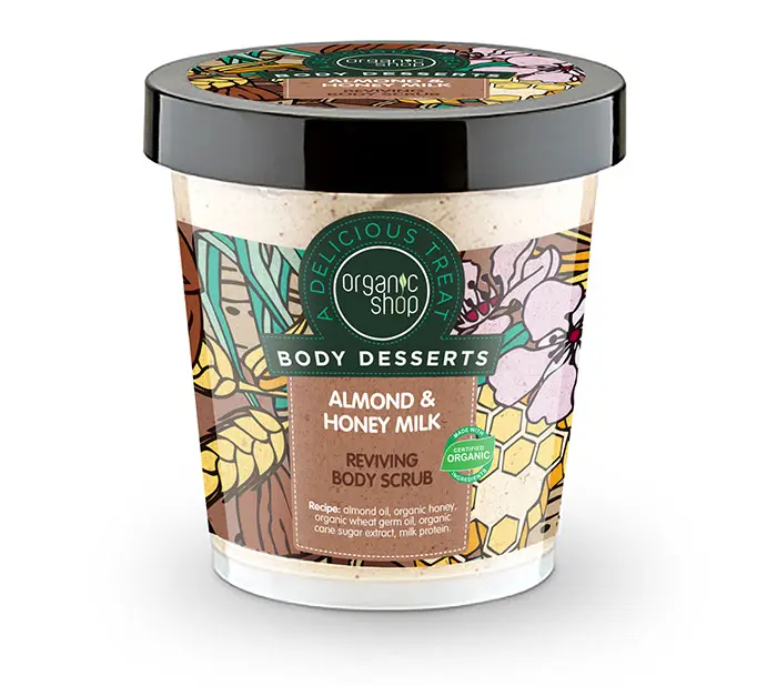 Natura Siberica Organic Shop Body Desserts Almond & Honey Milk , Αναζωογονητικό απολεπιστικό σώματος , Αμύγδαλο & Μέλι Γάλα , 450 ml.