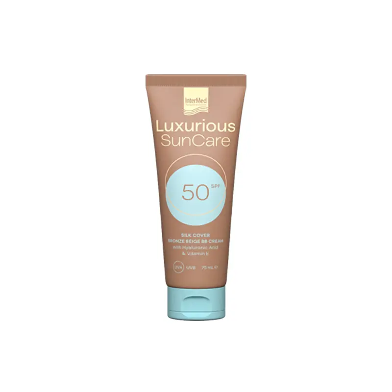 Luxurious Sun Care Silk Cover Bronze With Hyaluronic Acid SPF50 Υψηλή αντιηλιακή προστασία & ανάπλαση προσώπου με ήπια καλυπτικότητα, 75ml