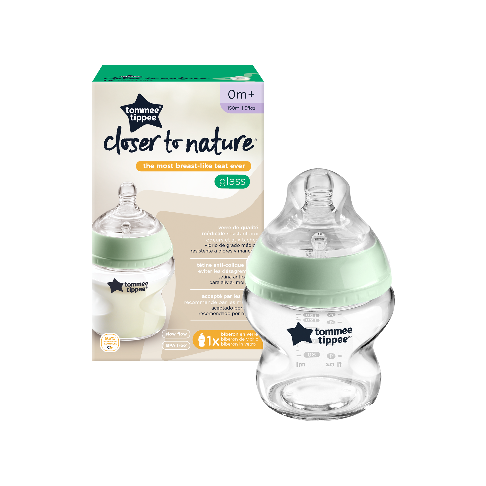 Tommee Tippee Γυάλινο Μπιμπερό Closer to nature μικρής ροής 150ml 0m+