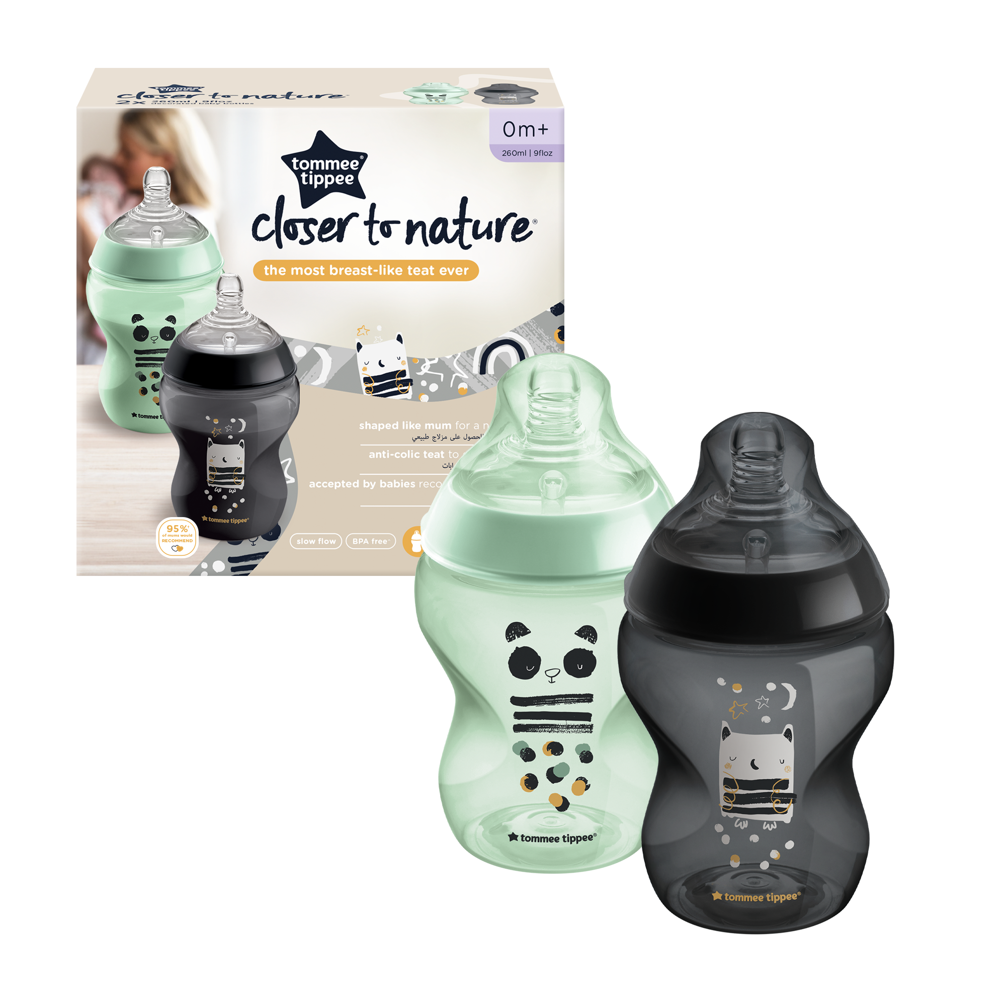 Tommee Tippee Μπιμπερό Closer to nature μικρής ροής 260ml με σχέδιο Pip the Panda & Ollie the Owl (2τμχ) 0m+