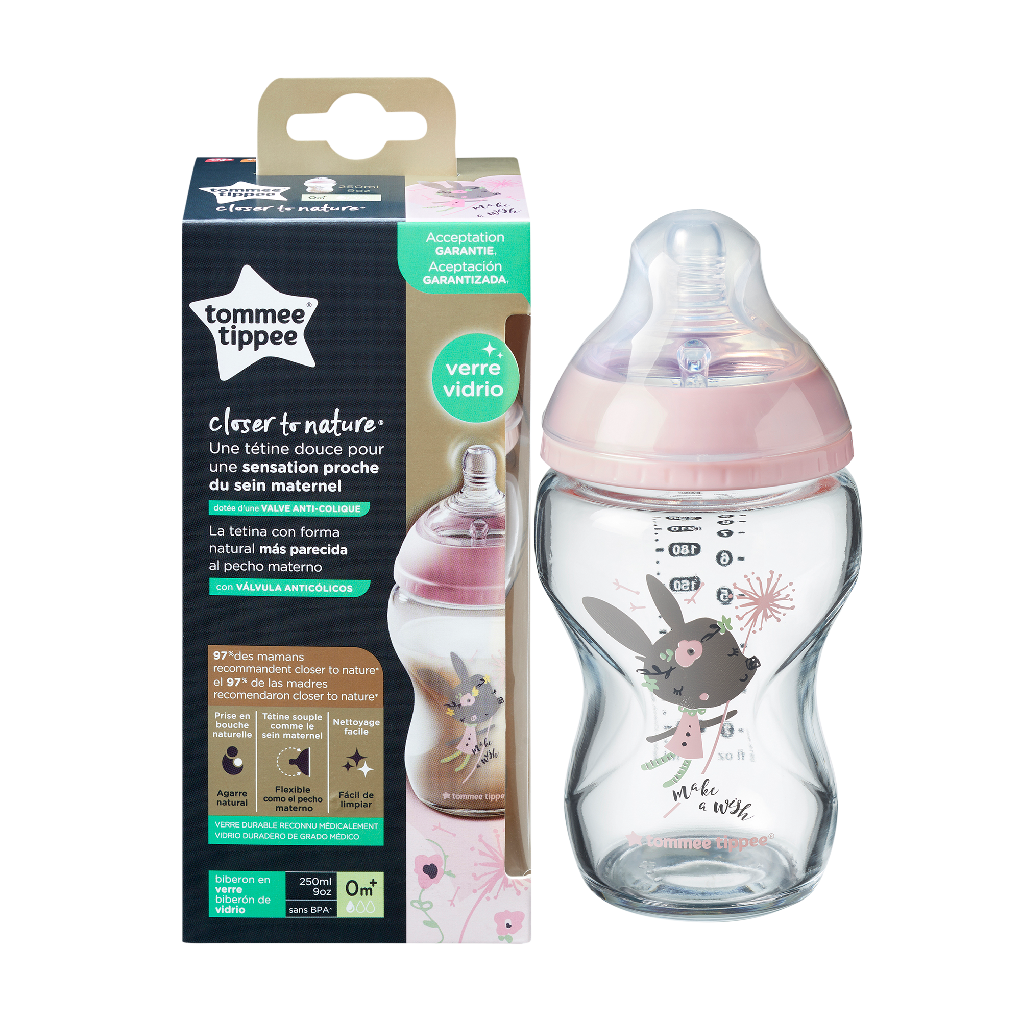 Tommee Tippee Γυάλινο Μπιμπερό Closer to nature μικρής ροής 250ml με σχέδιο για κορίτσι 0m+