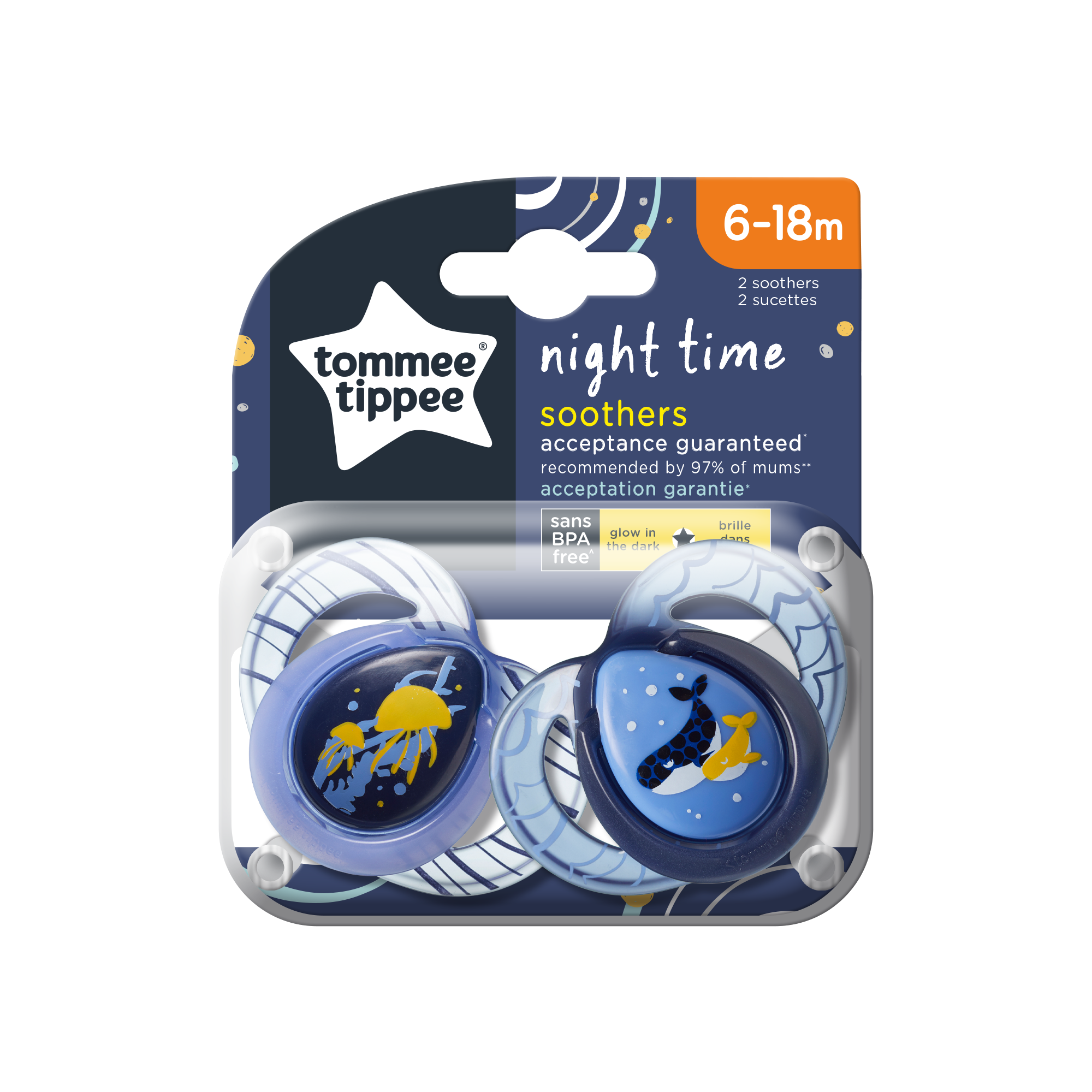 Tommee Tippee Πιπίλες σιλικόνης Night 6-18m (2τμχ)