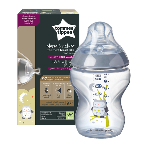 Tommee Tippee Μπιμπερό Closer to nature μικρής ροής 260ml με σχέδιο Ollie the Owl 0m+