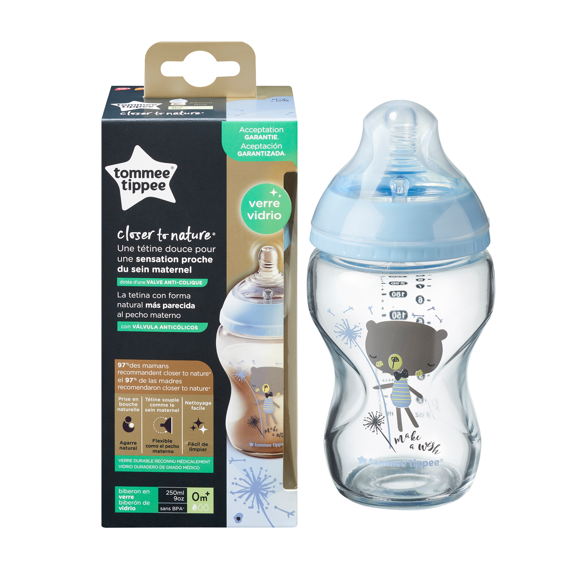 Tommee Tippee Γυάλινο Μπιμπερό Closer to nature μικρής ροής 250ml με σχέδιο για αγόρι 0m+