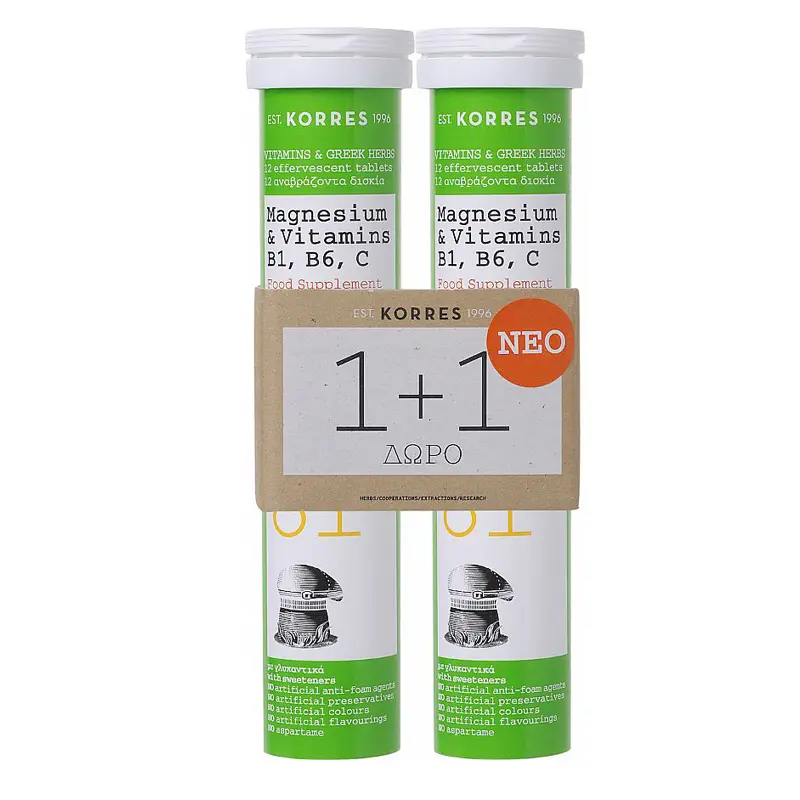 Korres Magnesium & Vitamins B1 B6 C,με γεύση πορτοκάλι, 1+1 Δώρο, 2 x 12 eff tb