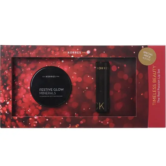 Korres Timeless Beauty Set, Illuminating Setting Powder& Creamy Lipstick 54 Classic Red,  3,5g