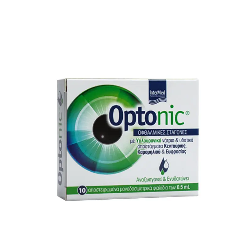 Optonic eye drops Οφθαλμικές σταγόνες για ενυδάτωση, λίπανση, επούλωση & ανακούφιση των οφθαλμών με υαλουρονικό οξύ, 10 αποστειρωμένα φιαλίδια
