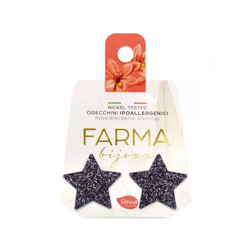 Farma Bijoux Υποαλλεργικά Σκουλαρίκια Αστέρια Μαύρα Με Glitter 22mm (BEL41C95)