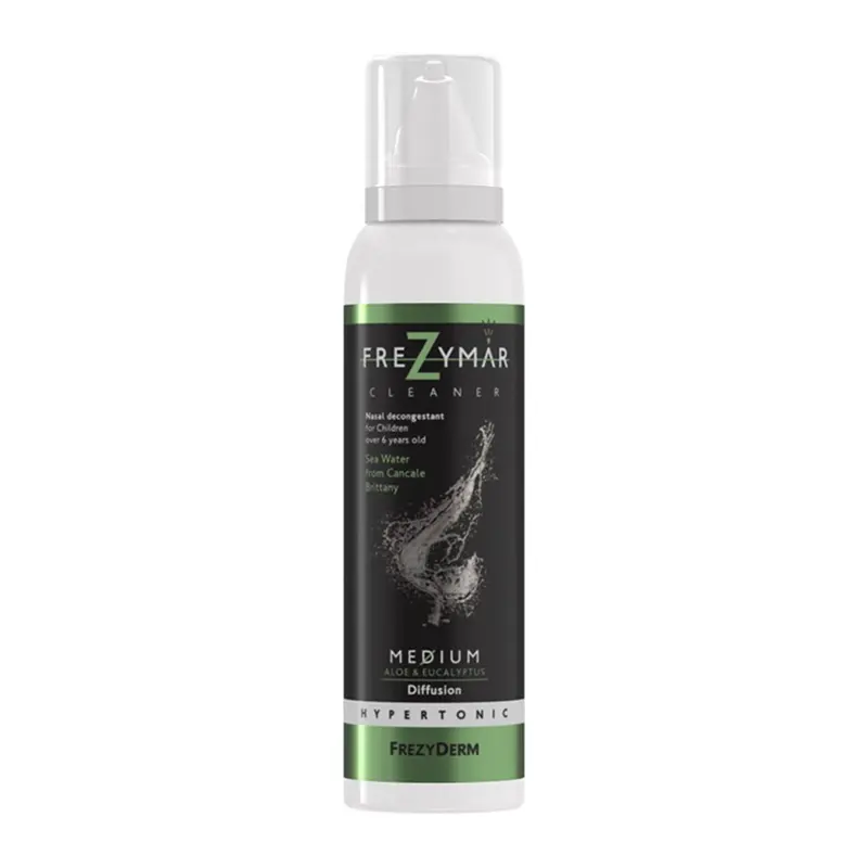 Frezymar Cleaner Hypertonic Aloe & Eucalyptus Medium, Υπέρτονο ρινικό αποσυμφορητικό διάλυμα (2,2 NaCl) με θαλασσινό νερό, μέτριας διάχυσης, για µεγαλύτερη ενυδάτωση και ανακούφιση από τη δυσφορία χάρη στην Aloe Vera και το ευχάριστο άρωµα ευκάλυπτου. Για παιδιά από 6 ετών και ενήλικες, 120ml