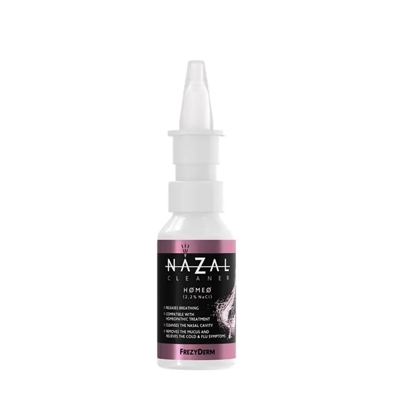 Frezyderm Nazal Cleaner Homeo 2,2% NaCl, Spray καθαρισμού της ρινικής κοιλότητας συμβατό με ομοιοπαθητική αγωγή. Mε υπέρτονο διάλυμα ανθού αλατιού Μεσολογγίου 2,2% w/w. Για την ανακούφιση των συμπτωμάτων του κρυολογήματος, 30ml