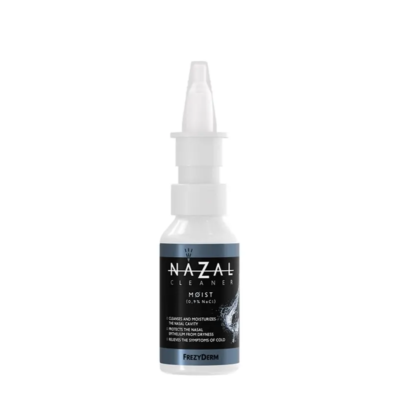 Frezyderm Nazal Cleaner Moist, Spray καθαρισμού και ενυδάτωσης της ρινικής κοιλότητας, για την ανακούφιση των συμπτωμάτων του κρυολογήματος και την προστασία του ρινικού επιθηλίου από την ξηρότητα. Με ισότονο διάλυμα ανθού αλατιού Μεσολογγίου 0,9% w/w, 30ml