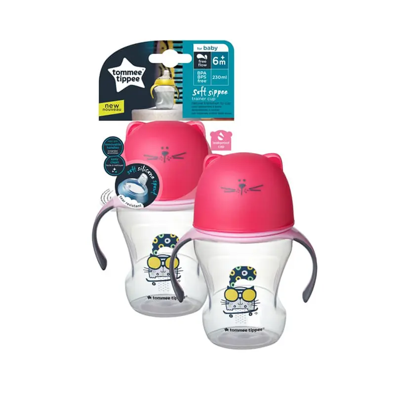 Tommee Tippee Εκπαιδευτικό κύπελλο Soft Sippee με στόμιο και λαβές, Ροζ 230ml 6m+