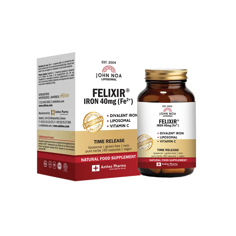 John Noa Liposomal Felixir Iron 40mg & Vitamin C 40mg, Λιποσωμιακό Συμπλήρωμα Διατροφής Σιδήρου με Βιταμίνη C, 60 κάψουλες