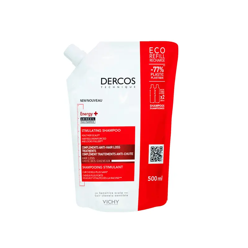 Vichy Dercos Energy+, Δυναμωτικό Σαμπουάν κατά τις τριχόπτωσης με Aminexil και Νιασιναμίδη, Οικολογική Συσκευασία Refill, 500ml
