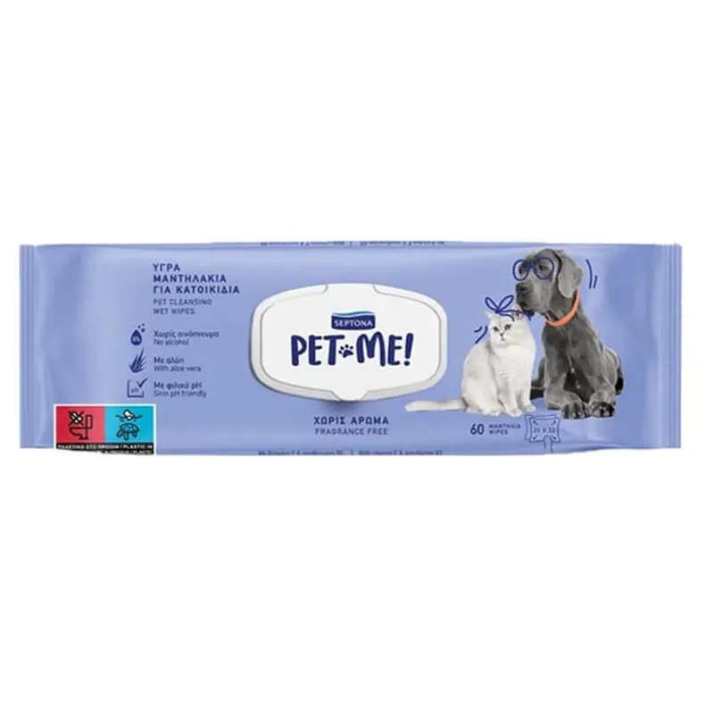 Septona Pet Me Υγρά μαντηλάκια για κατοικίδια χωρίς άρωμα, 60τμχ