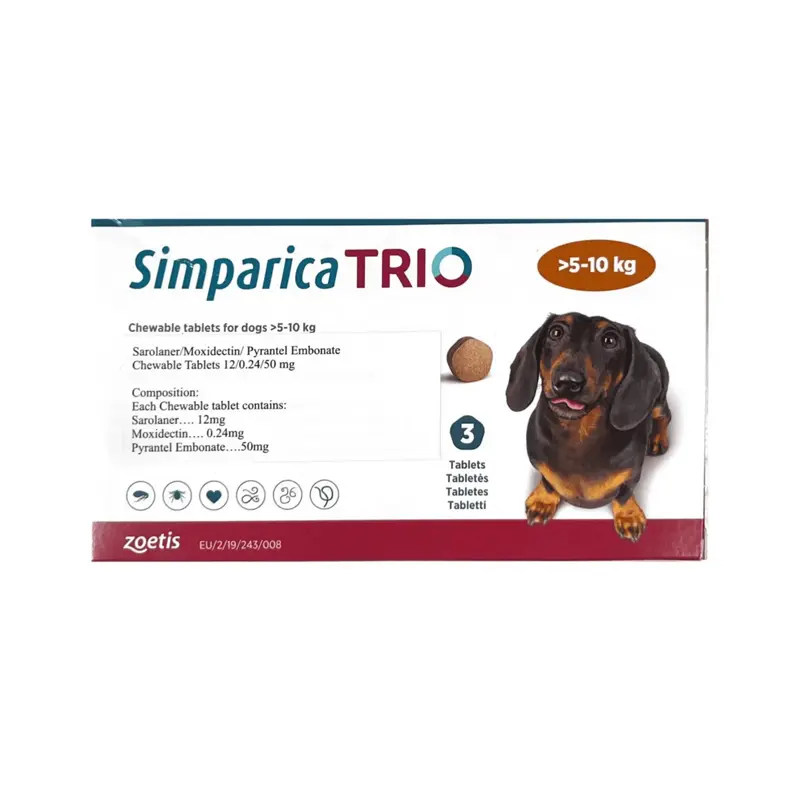 Simparica Trio, Μασώμενα Δισκία για Σκύλους 5-10kg, 1 δισκίο