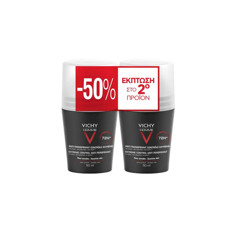 Vichy Deodorant 72h Extreme Control Anti-Perspirant Roll On PROMO, με -50% στο 2ο προϊόν, 2x50ml