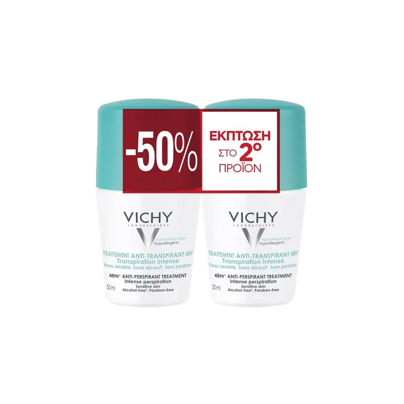 Vichy Deodorant 48h Intensive Anti-Perspirant Roll On PROMO, με -50% στο 2ο προϊόν, 2x50ml