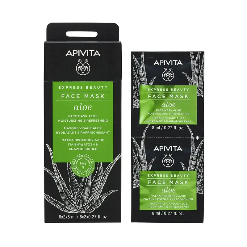 Apivita Express Beauty Face Mask Aloe, Μάσκα Προσώπου Αλόη για Ενυδάτωση & Αναζωογόνηση, 2x8ml