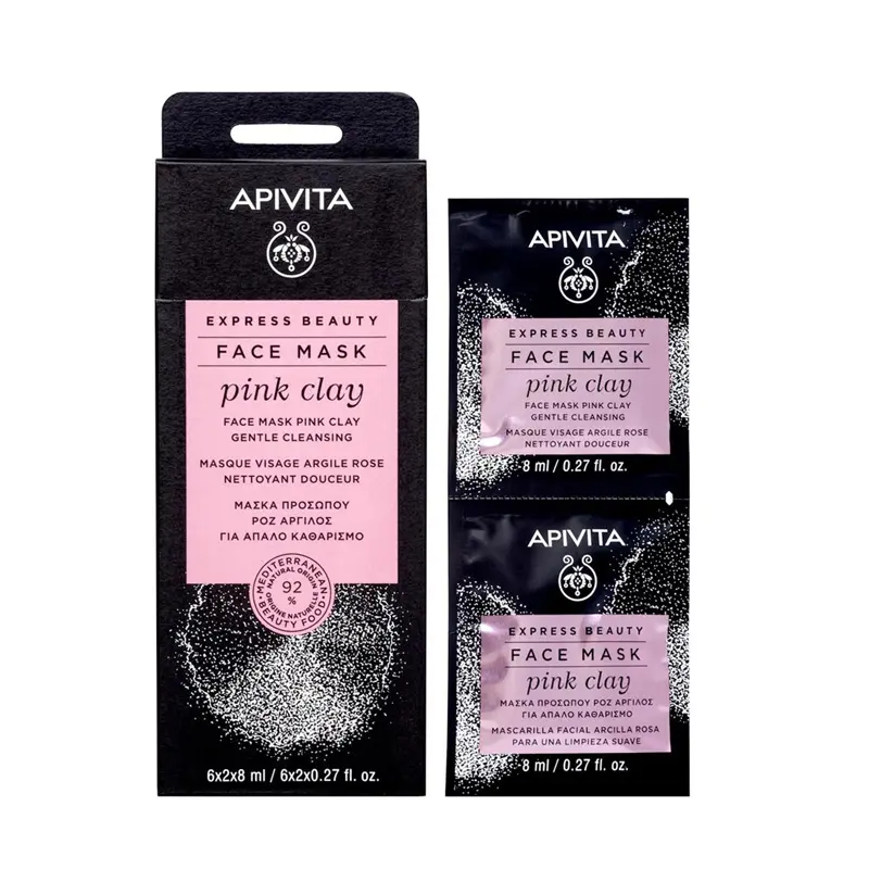 Apivita Express Beauty Face Mask Pink Clay, Μάσκα Προσώπου Ροζ Άργιλος για Απαλό Καθαρισμό, 2x8ml