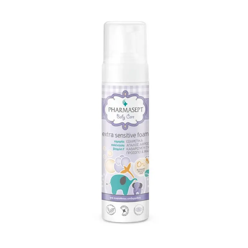 Pharmasept Baby Care Extra Sensitive Foam, Εξαιρετικά απαλός αφρός καθαρισμού για σώμα, πρόσωπο και μαλλιά, 200ml