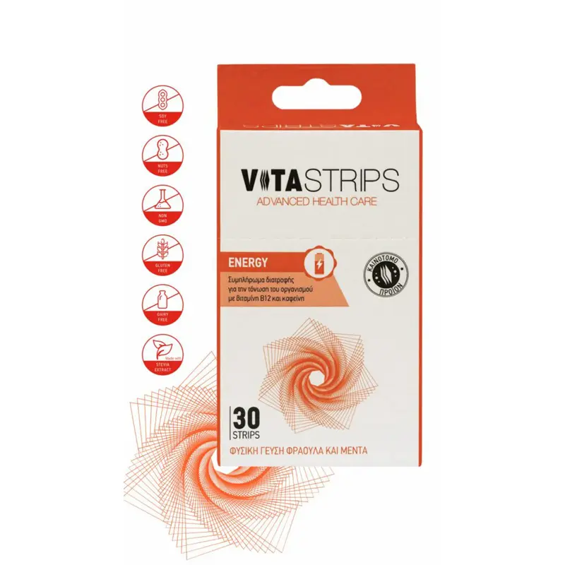 Vitastrips Energy, για ολοκληρωμένη τόνωση του οργανισμού, με φυσική γεύση φράουλα και μέντα, 30 strips