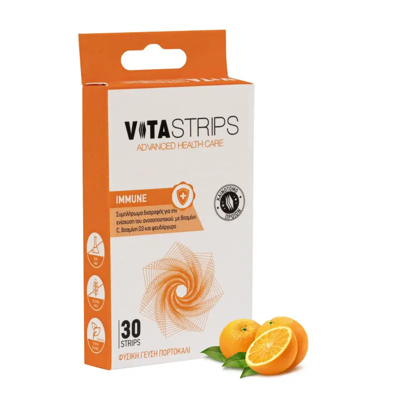 Vitastrips Immune, για τόνωση του ανοσοποιητικού, με φυσική γεύση πορτοκάλι, 30 strips