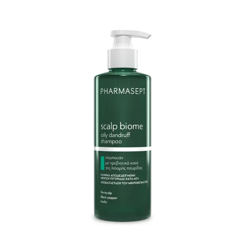 Pharmasept Scalp Biome Oily Dandruff Shampoo, Σαμπουάν νέας γενιάς με πρεβιοτικά, για τη ρύθμιση και αντιμετώπιση της λιπαρότητας και της λιπαρής πιτυρίδας, 400ml