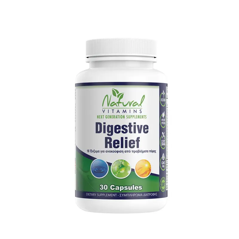 Natural Vitamins Digestive Relief – Πεπτικά ένζυμα, 60 κάψουλες μέγιστης απορρόφησης