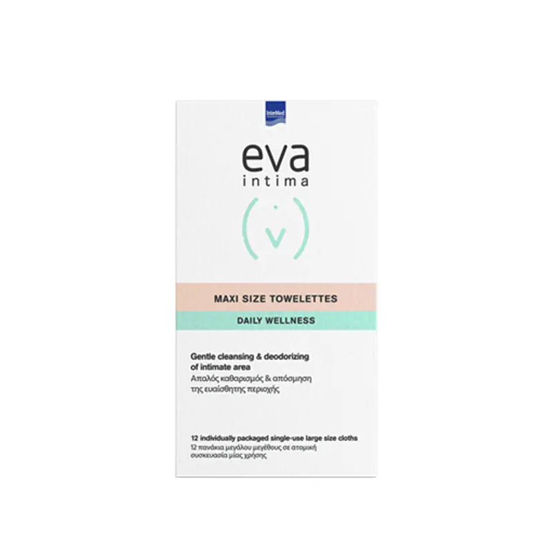 Eva Intima Maxi Size Towelettes Individually Packed, Άμεσος καθαρισμός & απόσμηση της ευαίσθητης περιοχής οποιαδήποτε στιγμή της ημέρας, 12 φακελάκια