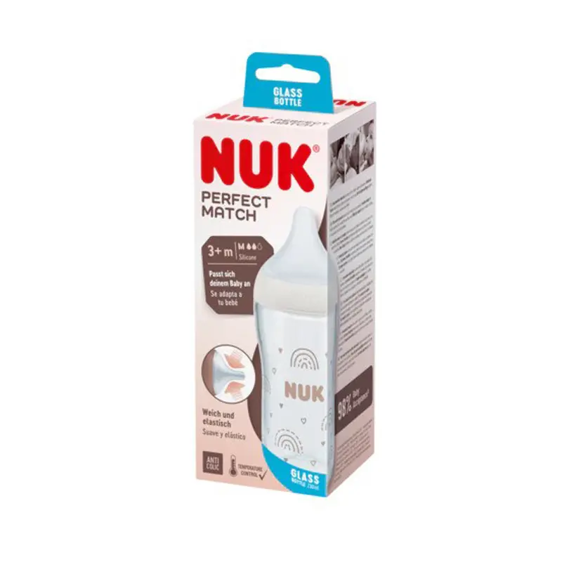 Nuk Perfect Match Rainbow Μπιμπερό Γυάλινο, με μαλακή θηλή Σιλικόνης, 230ml