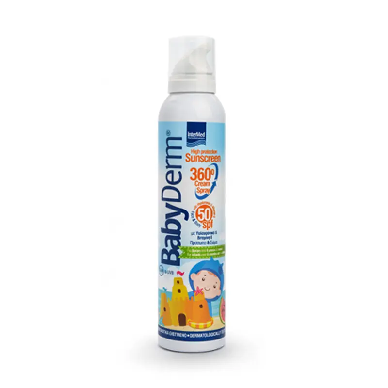 Babyderm Sunscreen 360° cream spray, Αντηλιακό για βρέφη από 6 μηνών και παιδιά, Με Υαλουρονικό & Βιταμίνη Ε, 200ml
