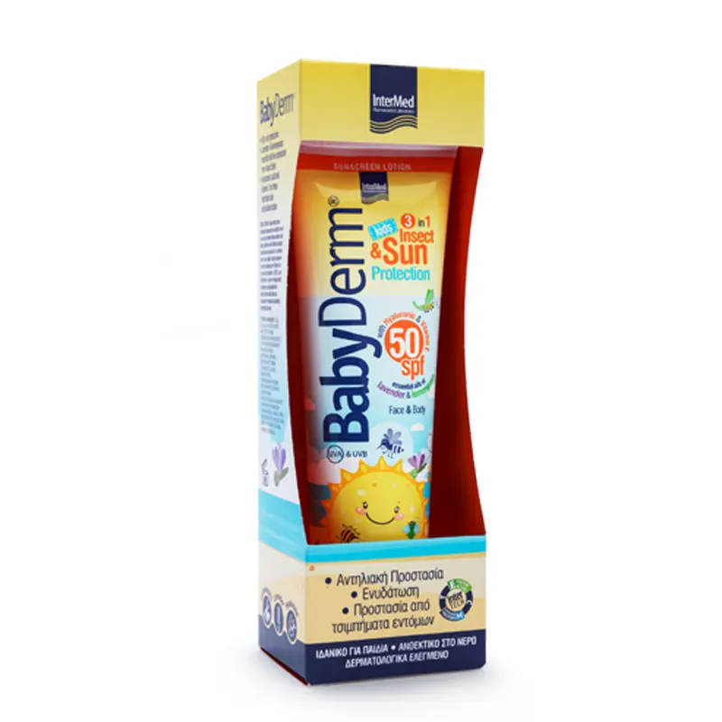 Βabyderm kids 3 in 1 Insect & Sun Protection spf50, Αντιηλιακό γαλάκτωμα για παιδιά που προστατεύει από τσιμπήματα εντόμων με φυσικό τρόπο, 300ml