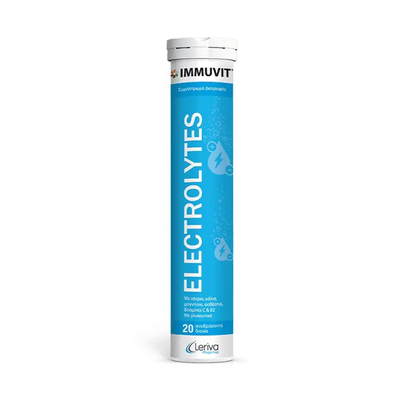 Immuvit Electrolytes, Mίγμα ηλεκτρολυτών (νάτριο, κάλιο, μαγνήσιο, ασβέστιο) με βιταμίνες (C και Β2) για την ενυδάτωση και τόνωση του οργανισμού, 20 αναβράζοντα δισκία