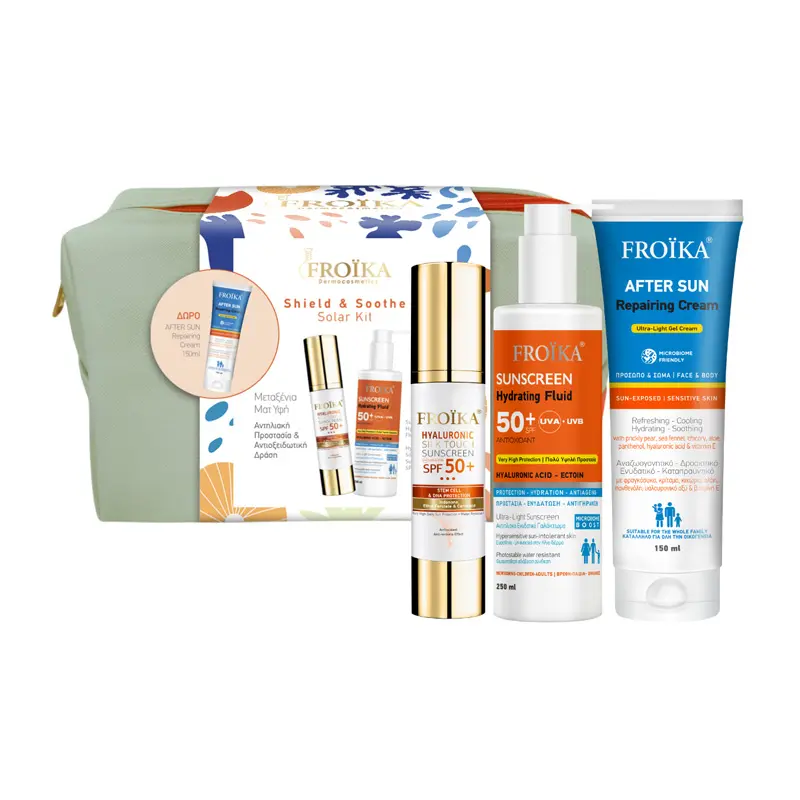 Froika Shield & Soothe Solar Kit, Σετ Αντηλιακής Προστασίας, Hyaluronic Silk Touch SPF50+ 50 ml & Sunscreen Hydrating Fluid SPF 50+ 250 ml & ΔΩΡΟ After Sun Repairing Cream,150 ml & νεσεσέρ παραλίας