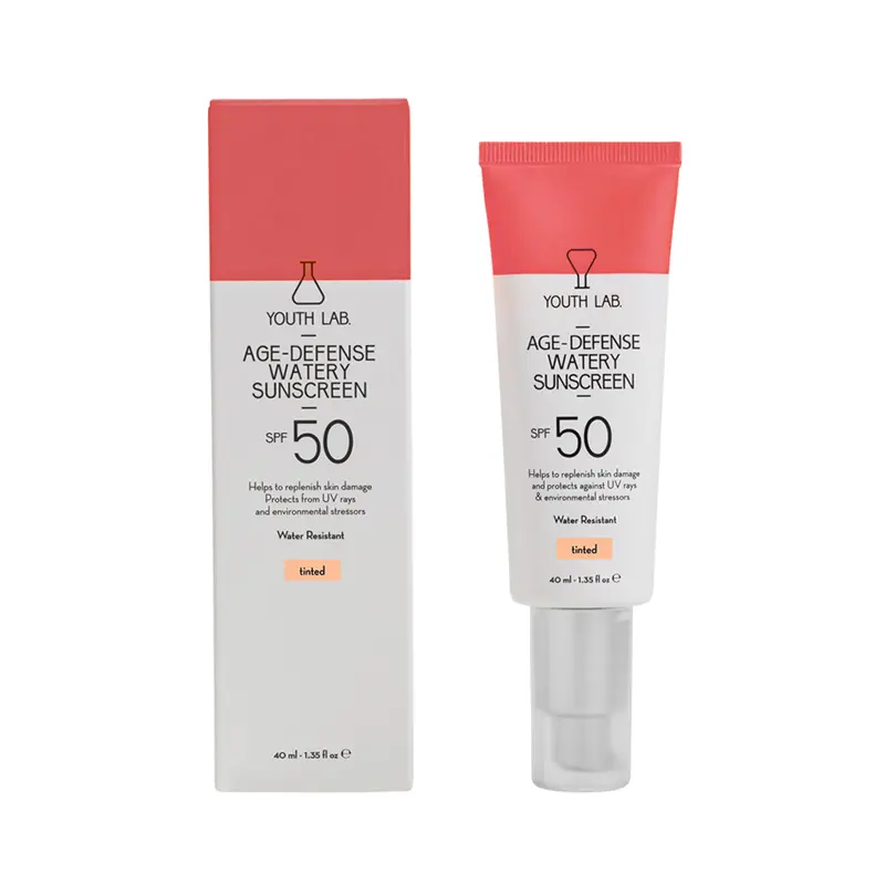 Youth Lab Αge Defense Watery Sunscreen SPF 50 Tinted,Λεπτόρρευστο αντηλιακό προσώπου ελαφριάς κάλυψης, για επανόρθωση & προστασία από ρυτίδες και κηλίδες, 40 ml