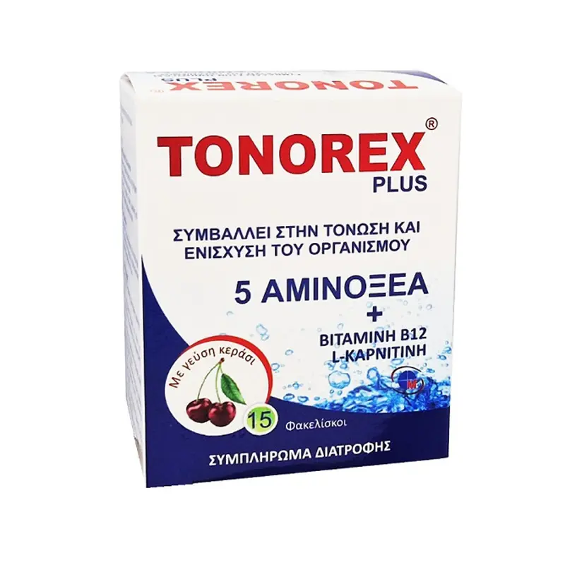 Medichrom Tonorex Plus, για τόνωση και ενίσχυση του οργανισμού με 5 αμινοξέα, Βιταμίνη Β12 & L-Καρνιτίνη, 15 φακελάκια με γεύση κεράσι