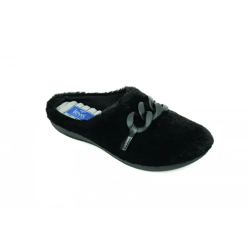 Level Anatomic Γυναικεία παντόφλα γούνινη με αγκράφα 4039, Black