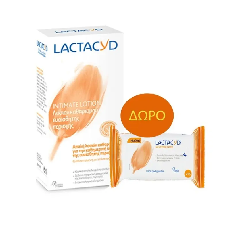 Lactacyd Classic, Λοσιόν Καθαρισμού Ευαίσθητης Περιοχής για καθημερινή Χρήση, 300ml & ΔΩΡΟ Μαντηλάκια Καθαρισμού Ευαίσθητης Περιοχής, 15 τεμάχια