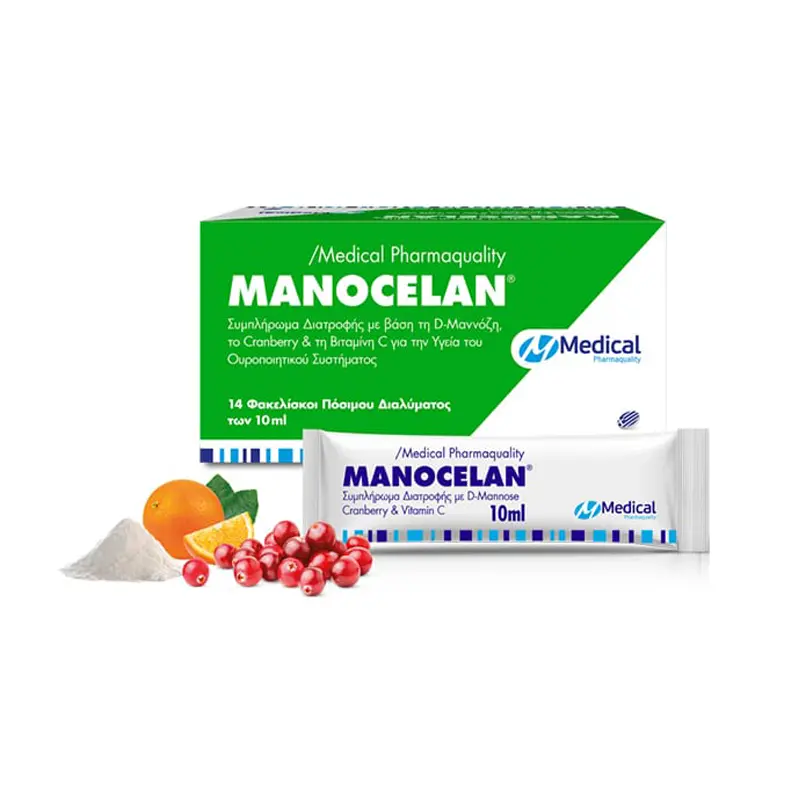 Medical Pharmaquality Manocelan, Συμπλήρωμα Διατροφής με βάση τη D-Μαννόζη, το Cranbery & τη Βιταμίνη C για την υγεία του Ουροποιητικού Συστήματος, 14 πόσιμα φακελάκια των 10ml