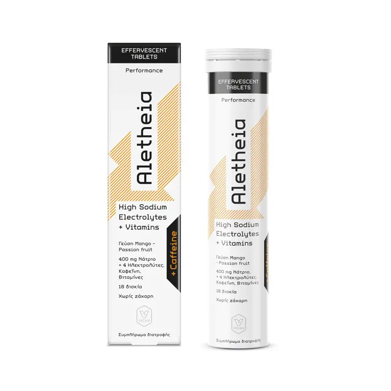 Aletheia High Sodium Electrolytes + Vitamins + Caffeine, με γεύση Mango-Passion Fruit, 18 αναβράζοντα δισκία