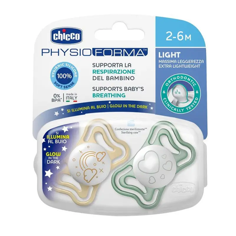 Chicco Πιπίλα PhysioForma Light 2-6 Μηνών, NIGHT, 2 τεμάχια